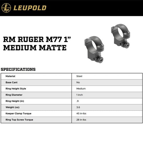 Leupold Ringmounts Ruger M77 1-inch Medium Matte Black Scope Rings (170351), Ruger M77 1" Medium
