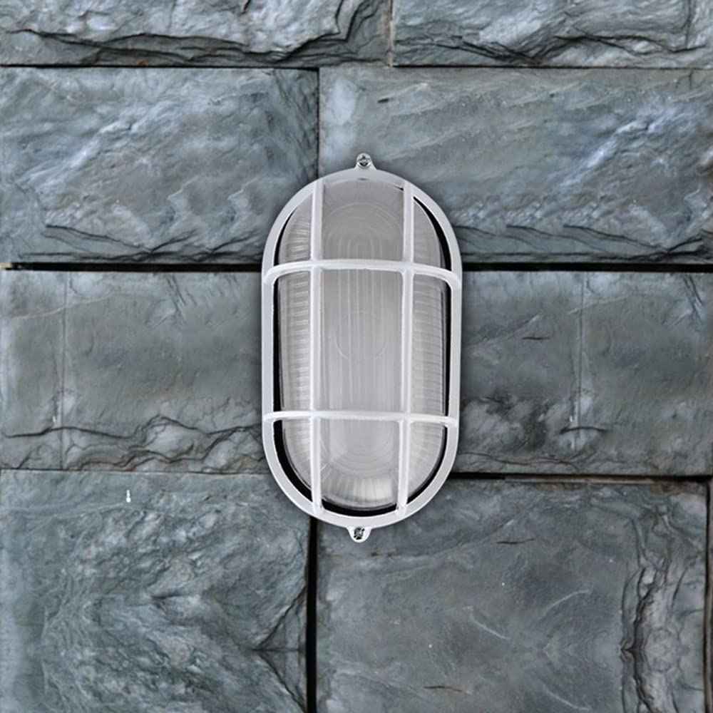 RTNLIT Nautical Bulkhead Light Fixture, White Outdoor Wall Light Fixture for Wall or Ceiling, Wet Location for Sauna Room, (Grid Oval, with Frosted Glass Lens, E26 Base)