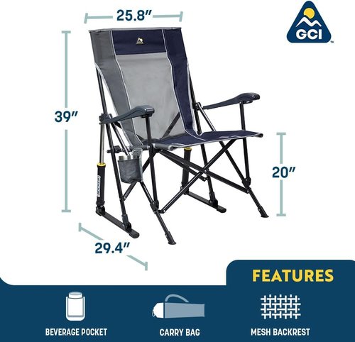 GCI Outdoor RoadTrip Rocker Camping Chair - Portable Folding Rocking Chair with Drink Holder & Comfort Backrest - Indigo Blue