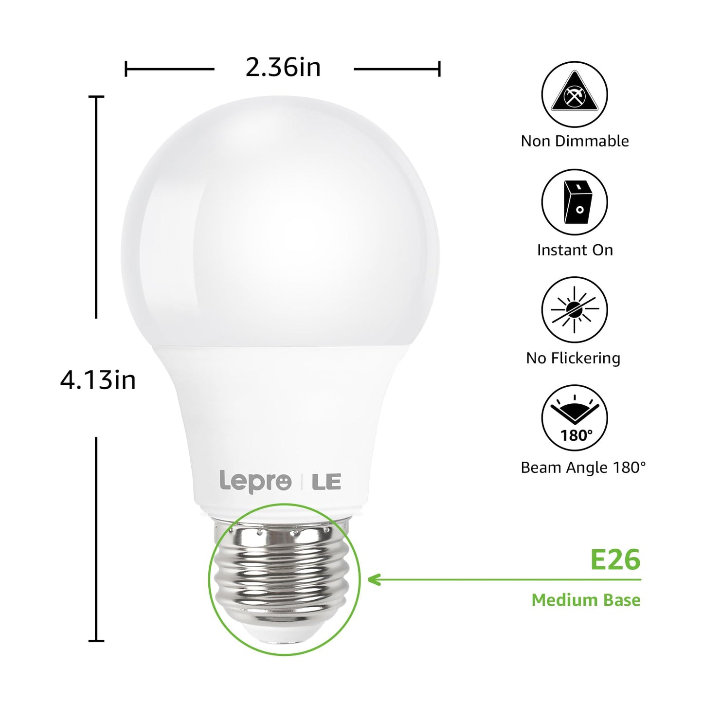 Lepro LED Light Bulbs 60 Watt Equivalent, 9W 800 Lumens Non-Dimmable, Daylight White 5000K, A19 E26 Standard Medium Base, 10000 Hour Lifetime 10 Count (Pack of 1)
