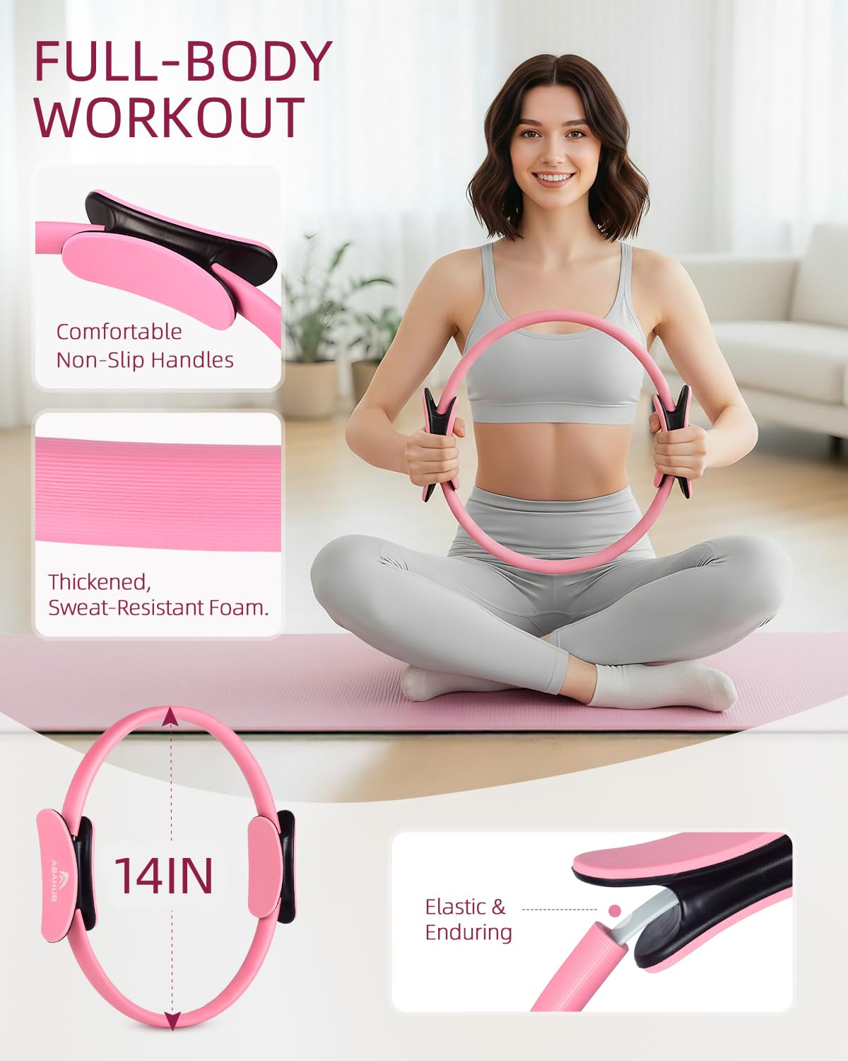 Abahub Pilates Ring Set, Home Workout Pilates Equipment, 14”Magic Circle, Yoga Ball, Resistance Bands, Sliding Disks, Socks, Workout Guide & Bag, Pilates Starter Kit for Strength, Pink Set