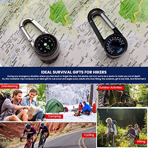 Compact Carabiner Clip Compass Keychain - 2 Pack Black & White