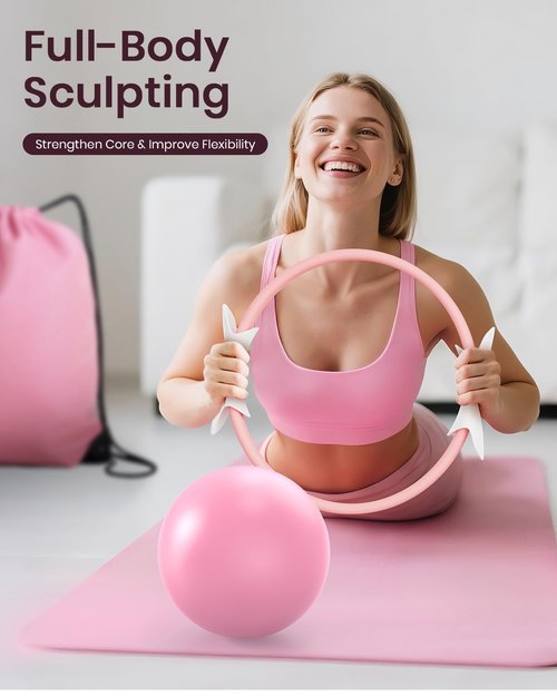 Fuelion Pilates Ring Set for Women, Home Workout Pilates Equipment with Resistance Bands, 14'' Magic Circle, Mini Ball, Pilates Starter Kit for Strength, Toning and Flexibility