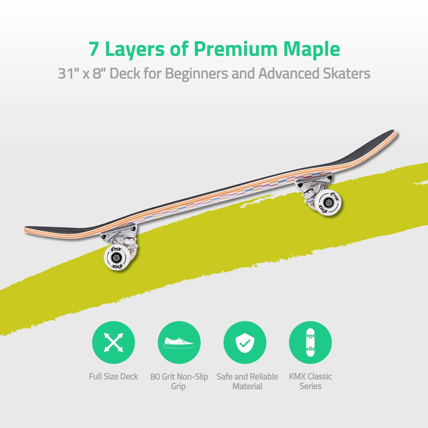 KMX Complete 31" x 8" Skateboard for Beginners, 7-Layer Canadian Maple Double Kick Concave Deck| Aluminum Alloy Trucks | 31 Inch Pro Skate Board for Girls, Kids, Teens, Adults(Pink Checker)