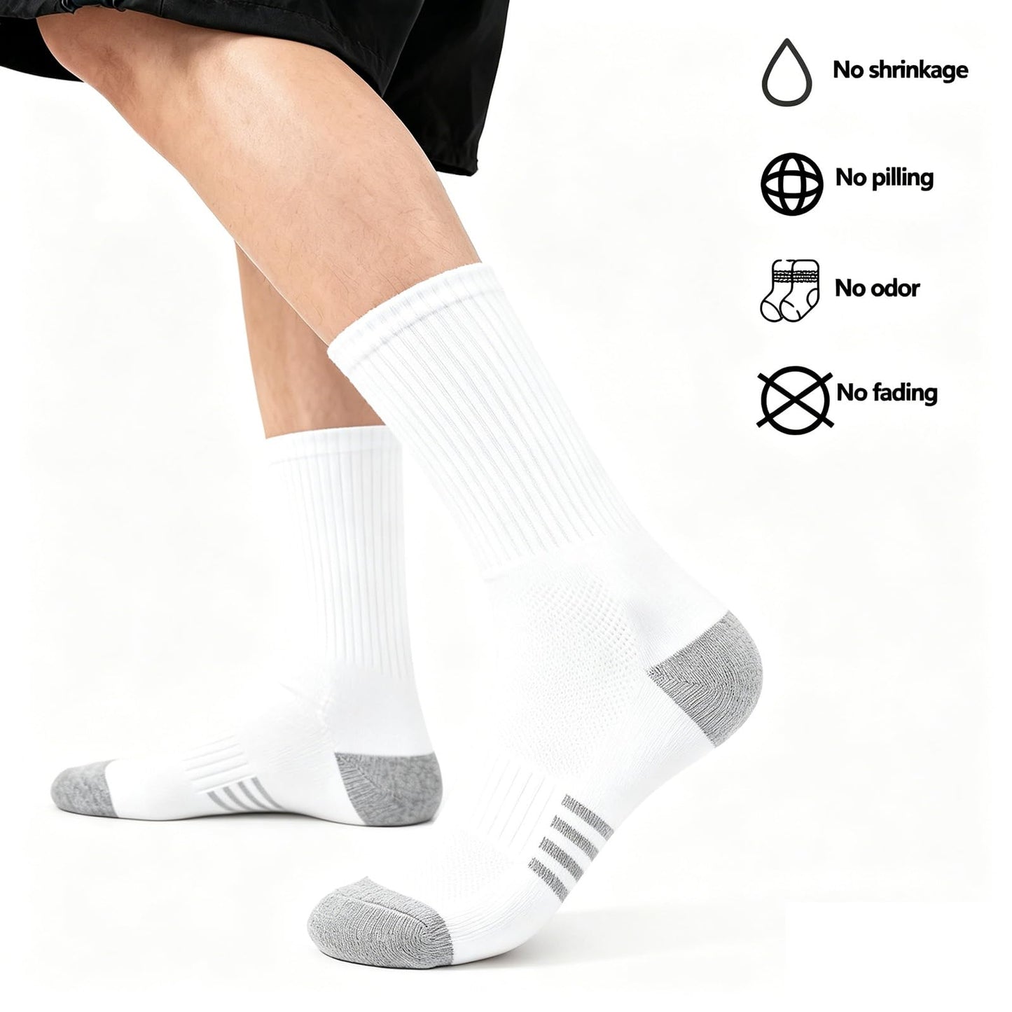KYINSPORT Men's Athletic Cushioned Crew Socks - Cotton Cozy Running Socks, Moisture Wicking, Breathable Arch Support，6 Pack, White