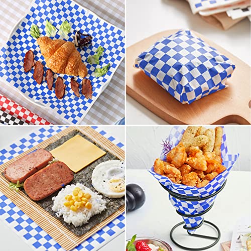 Waxed Deli Paper Sheets - 12x12 Inch, 100 Pcs, Checkered Blue