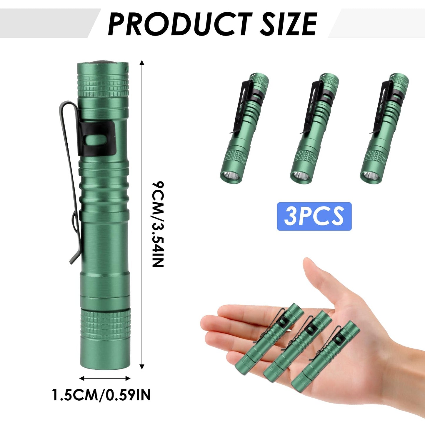 hoeslaw Mini Flashlight, AAA Small Pen Light with Clip, Portable 500lm Pocket Pen Flashlight for Inspection Repair Outdoor Emergency (3 Pack, Green, 3.5")