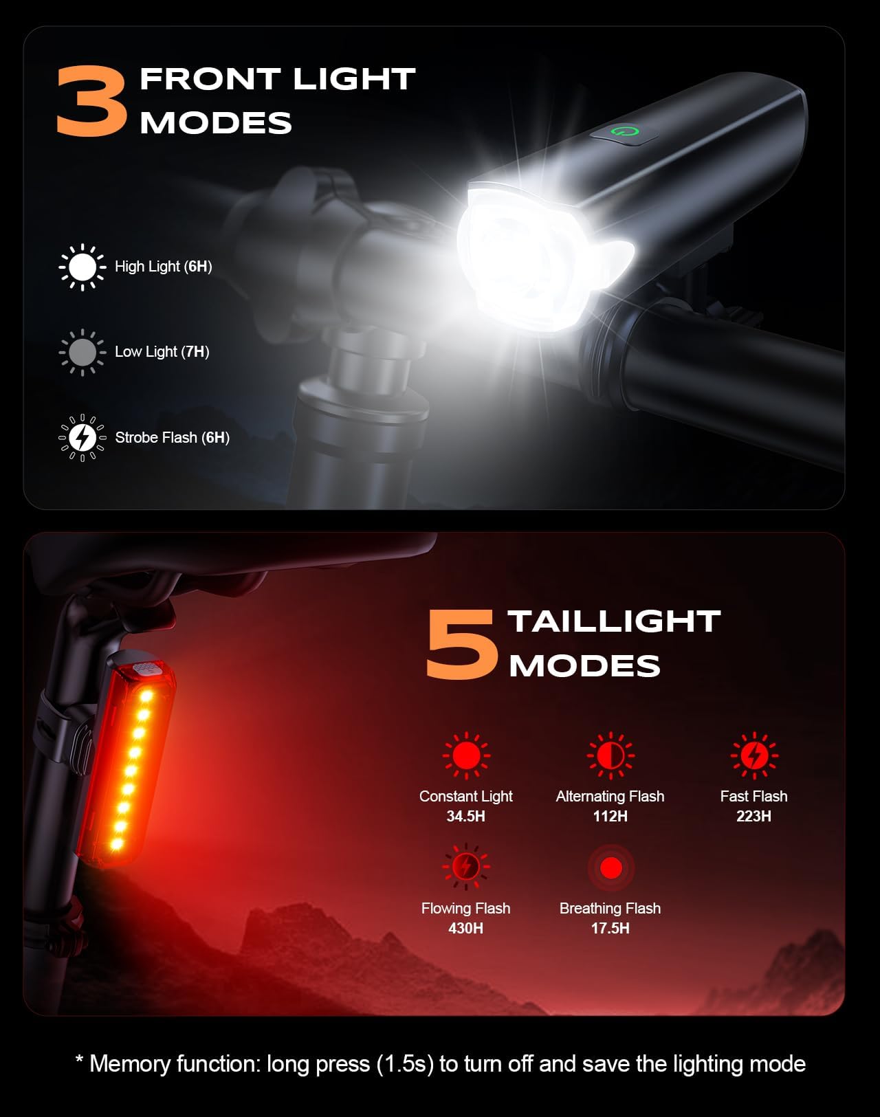 SUYIWEE 2026 New 1200LM Wide Angle Bike Lights for Night Riding, 3+5 Modes & IP65 Waterproof Bicycle Lights Front and Rear, Long-Lasting USB Rechargeable Sports Scooter Accessories for Men Women