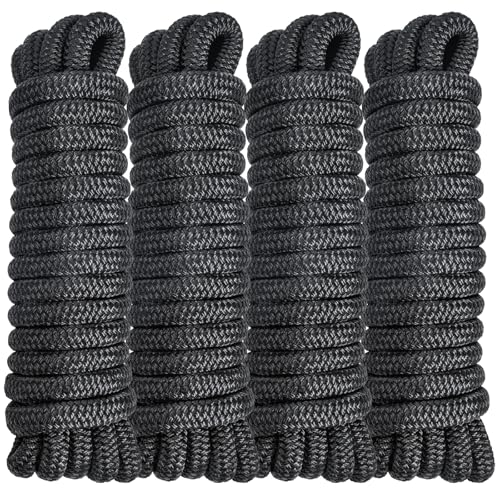 PropelTech 4 Pack 5/8" x 15' Double Braided Nylon Dock Lines for Boats, Black, Heavy Duty
