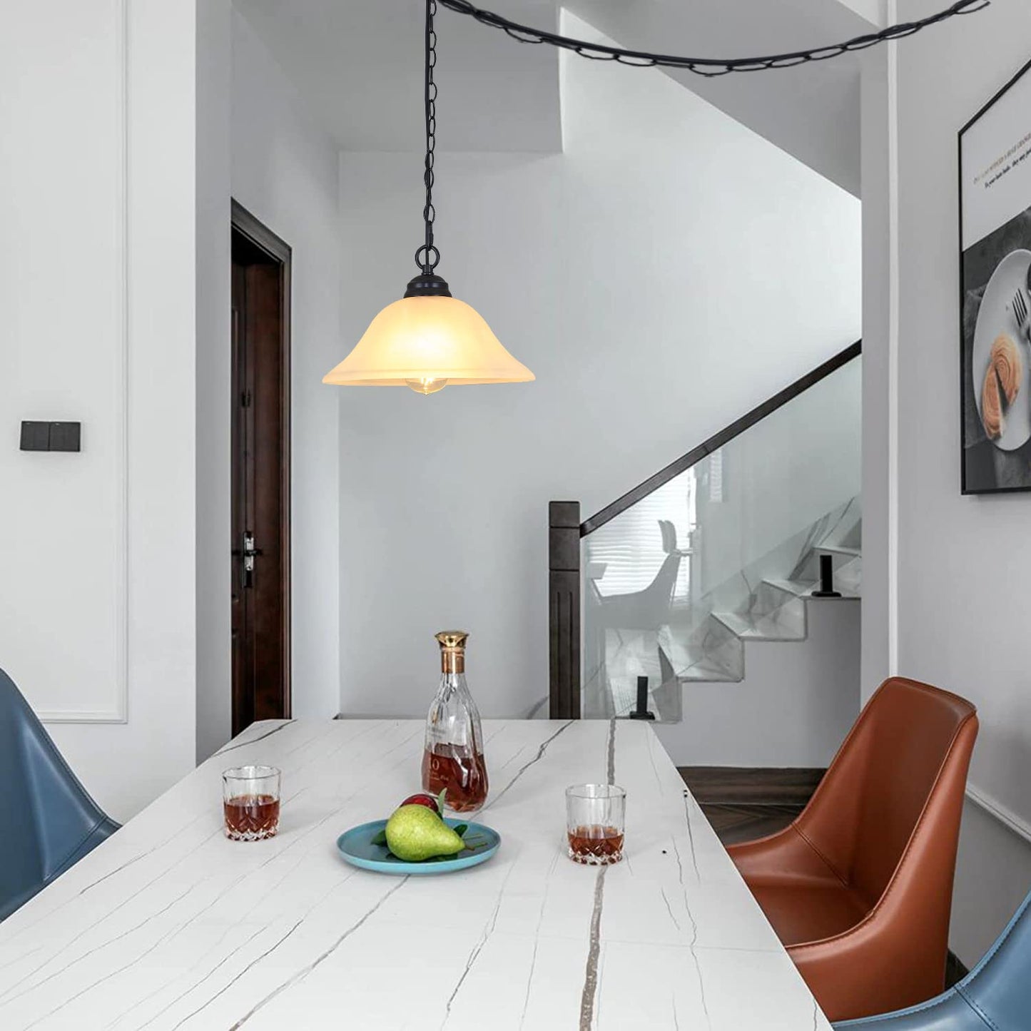 SHENGQINGTOP Plug in Pendant Light Alabaster Glass Shade 15.7" D Hanging Lamp with On/Off Switch,16.4Ft Cord & 14.7Ft Chain Dimmable Black Swag Light Fixture for Kitchen Sink Bar Nook