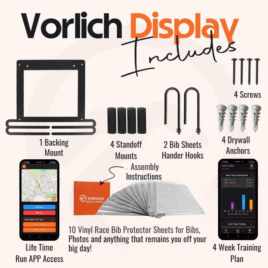 Vorlich® Race Bib & Medal Display – Medal Holder with Run APP & 4-Week Training Plan – Medal Hanger Display – Holds 50+ Medals & 100+ Race Bibs – Running Medal Hanger for Runners