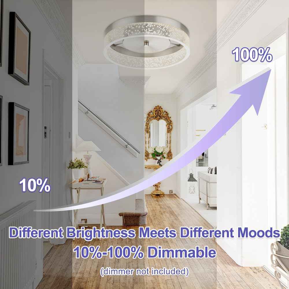 Modern 12-Inch LED Crystal Flush Mount Chandelier - Dimmable Ceiling Light for Dining Room, Bedroom & Kitchen - Brushed Nickel Finish