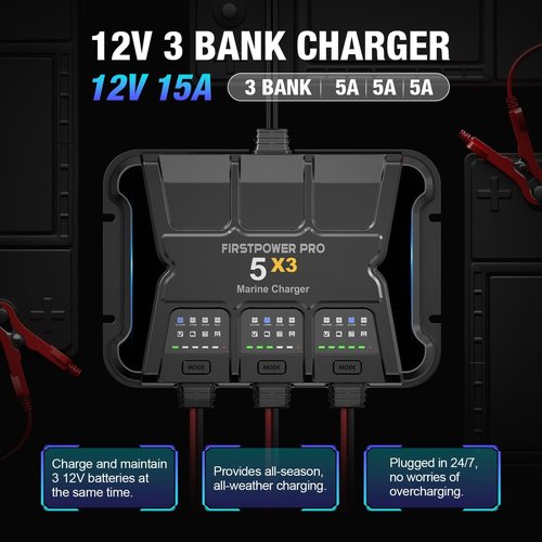 3 Bank Marine Battery Charger - 15A Waterproof Onboard Charger for SLA/AGM & Lithium Batteries | 12V Battery Maintainer