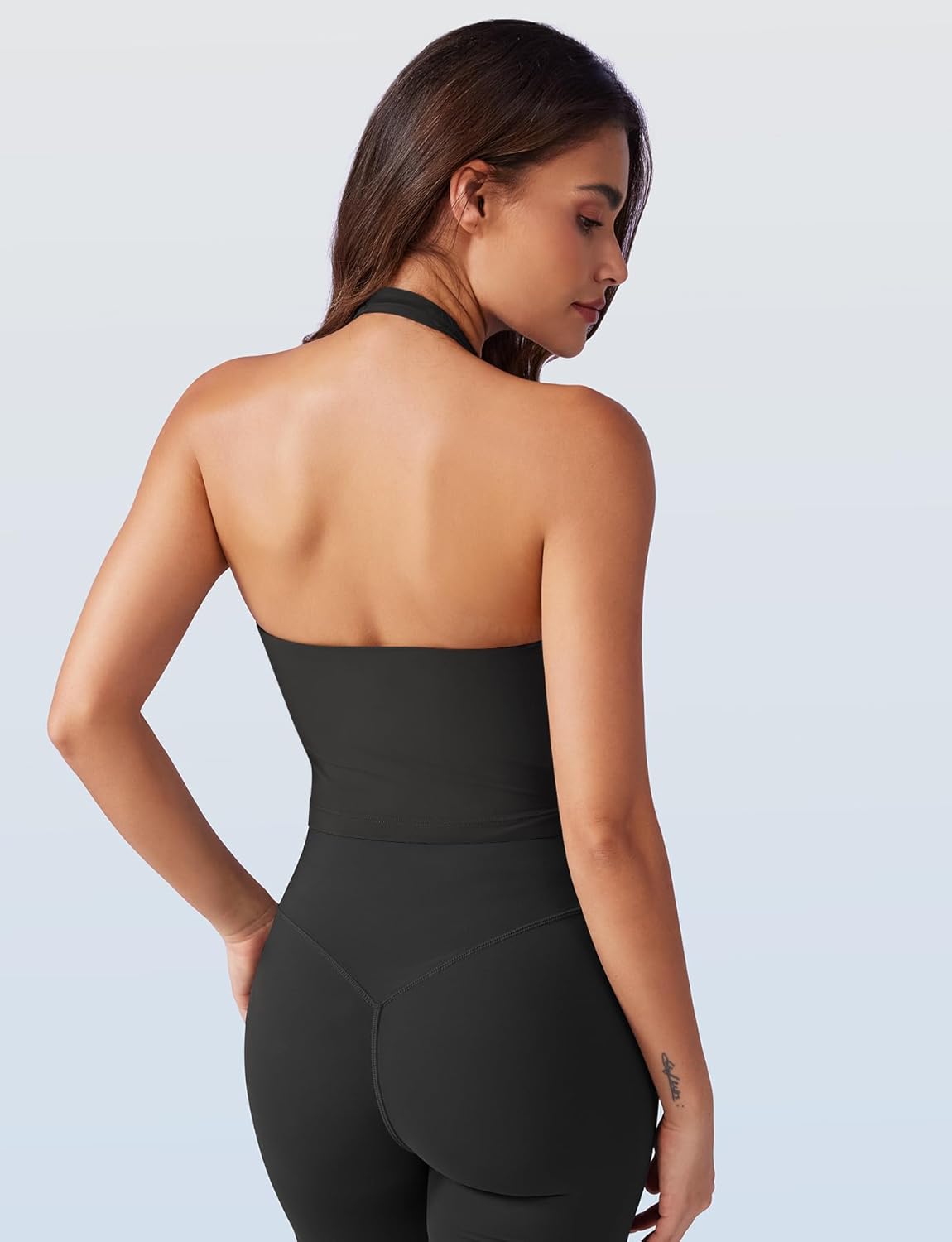 VOYJOY Halter Crop Top - Padded V Neck Backless Sleeveless Workout Tank for Yoga & Gym