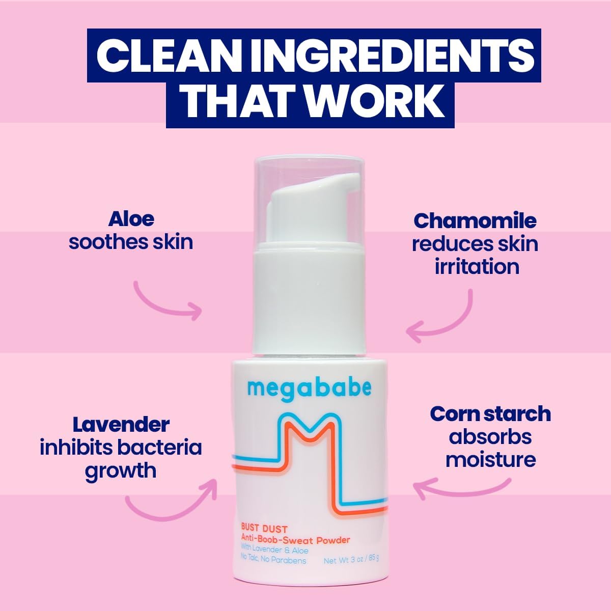 Megababe Body Powder - Sweat Absorbing Bust Dust with Applicator Pump, Talc-Free, 3 oz