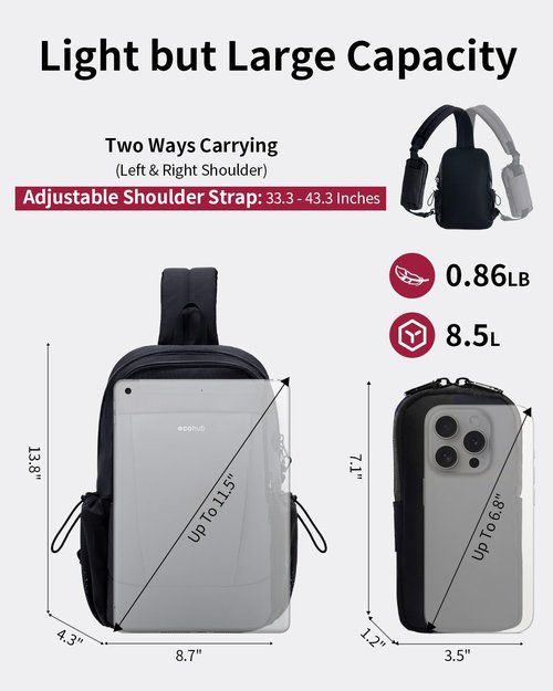 ECOHUB Anti-Theft Crossbody Bag Men Women, RFID Blocking Lightweight Sling Backpack Eco-Friendly with 9 Pockets Sturdy SBS Zippers Water Resistant for Travel Work Hiking Outdoor, Black