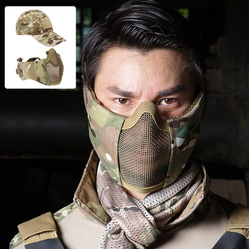 Aoutacc Half Face Airsoft Mesh Mask and Cap Set,Foldable Mesh Mask with Ear Protection for Airsoft Paintball BB Gun with Adjustable Baseball Cap (MC02)