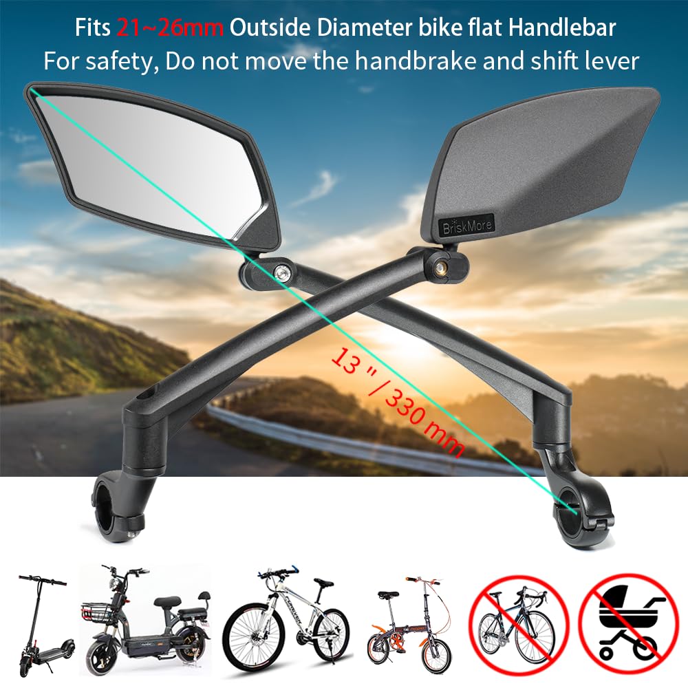 BriskMore Handlebar Bike Mirror - Crystal Clear HD Glass, 360° Adjustable&Foldable Mirror for Safe Riding, Wide Angle Rearview for E-Bikes, Mountain Bikes & Scooters,Bicycle Mirrors,Left Side Mount