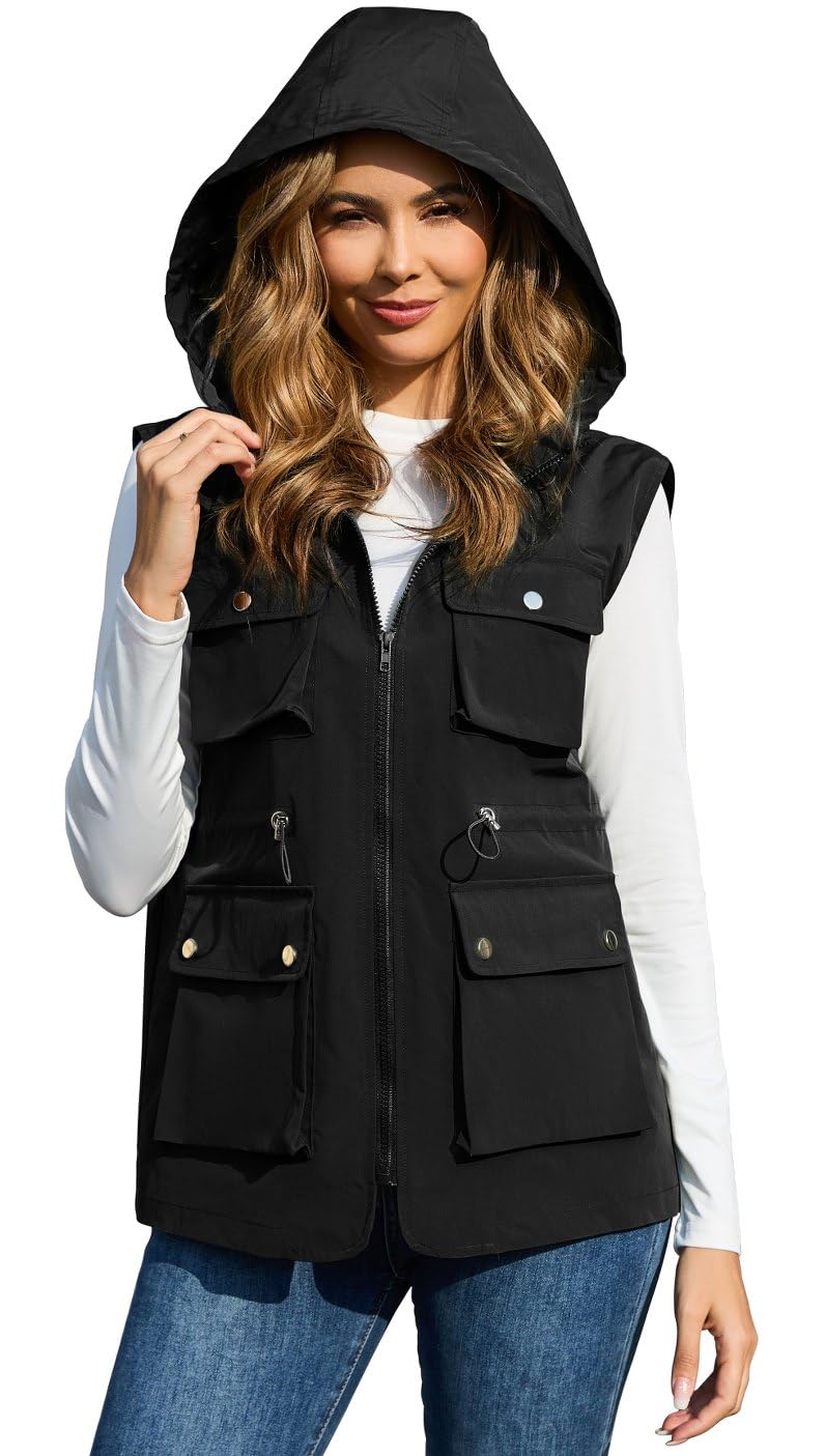 Women's Lightweight Windbreaker Vest Softshell Sleeveless Jacket Windproof Stand Collar with Removable Hood Running Hiking Golf, Black, Medium