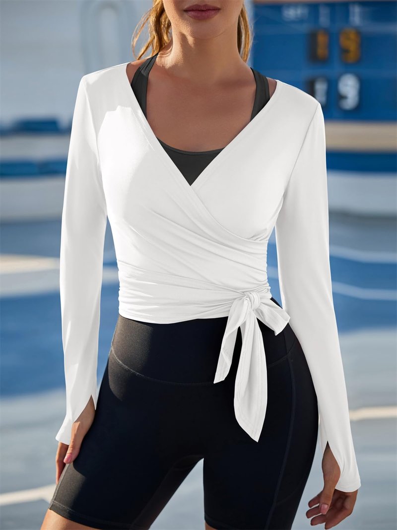 Fisoew Womens Wrap Tie Tops Long Sleeve Workout Crop Wrap Shirts Casual Lightweight Ballet Pilates Yoga Active Tops White