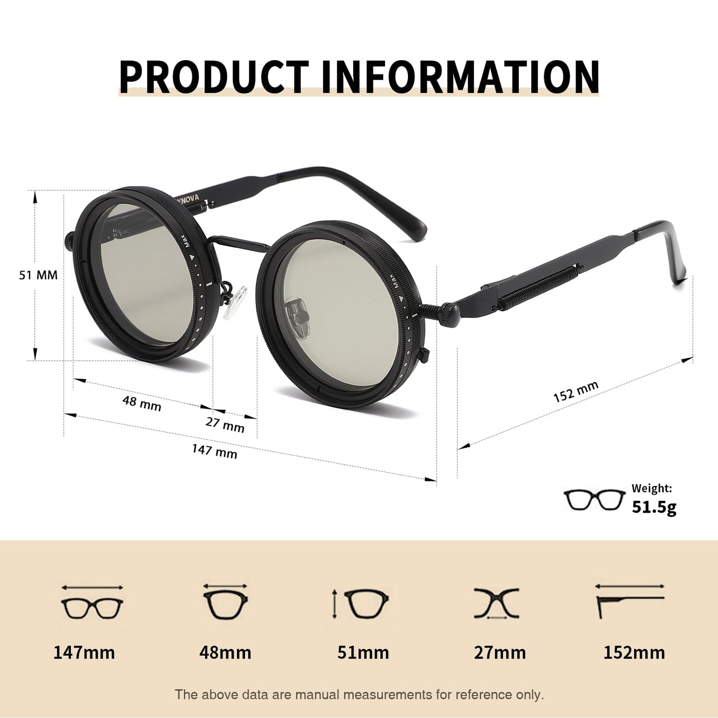 JOLLYNOVA Adjustable Tint Sunglasses, 1-9 Gears Steampunk Retro Metal Round Polarized Glasses with ND Filter Lenses (Black)