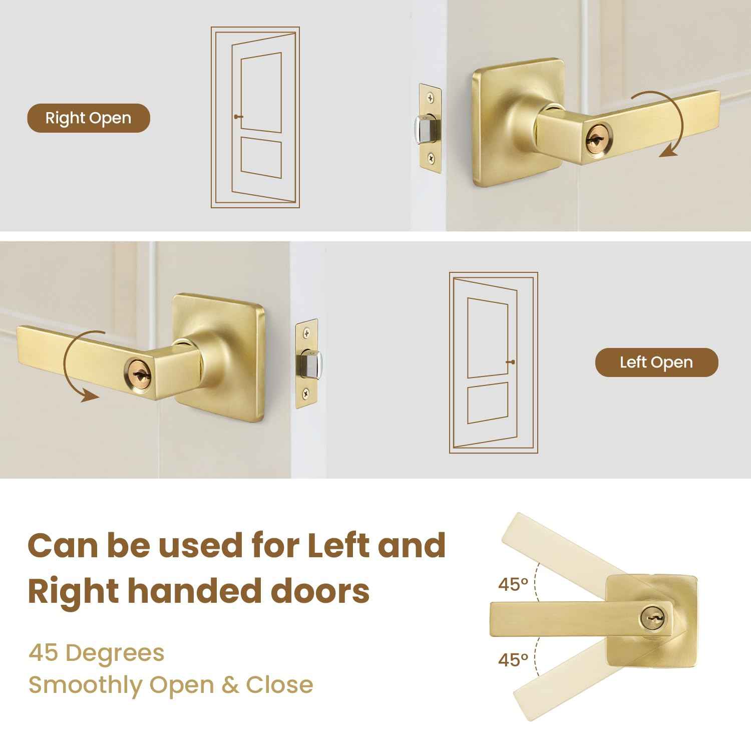 5 Pack Door Knobs Interior, Bedroom Locking Door Knob, Satin Brass Entry Door Handles, Gold Door Lever Same Key, Reversible for Left Right Sided Doors