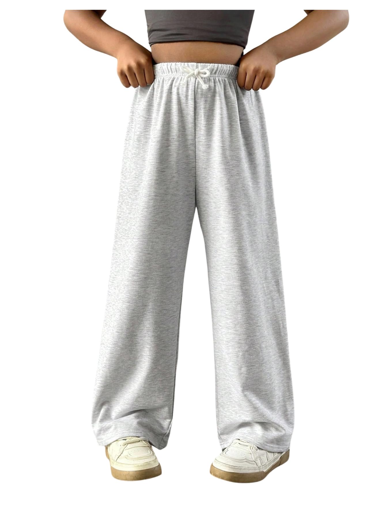 RoseSeek Girl's Sweatpants Drawstring Waist Wide Leg Pants Casual Athletic Trousers Baggy Workout Summer Pants Grey 12 Years