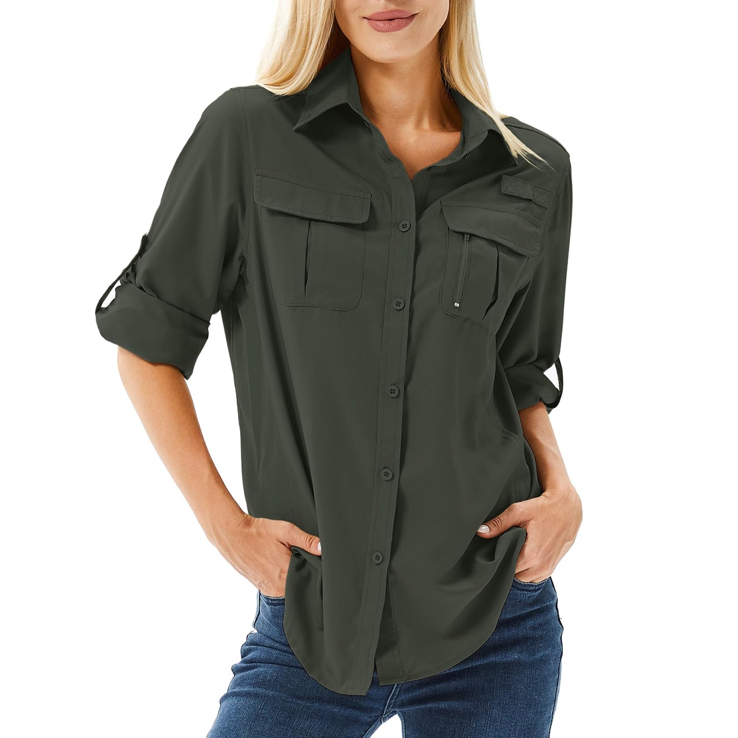 Toumett Women's UPF 50 Long Sleeve UV Sun Protection Safari Shirts Outdoor Quick Dry Fishing Hiking Travel Shirts(Amy Green,L,5071)