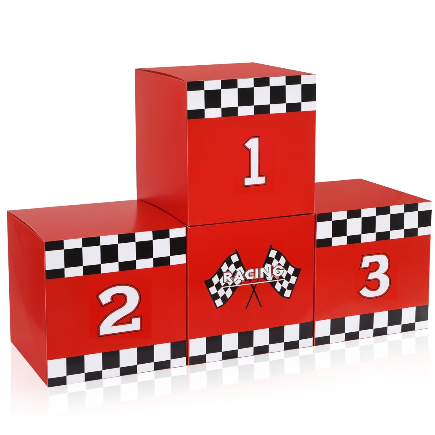 Zhanmai 4 Pcs Large Racing Car Party Boxes 11.8 x 11.8 Inch Goodie Checkered Boxes for Birthday Decor Truck Theme Race Car Podium Centerpiece Decorations Cardboard Party Favors(Red)