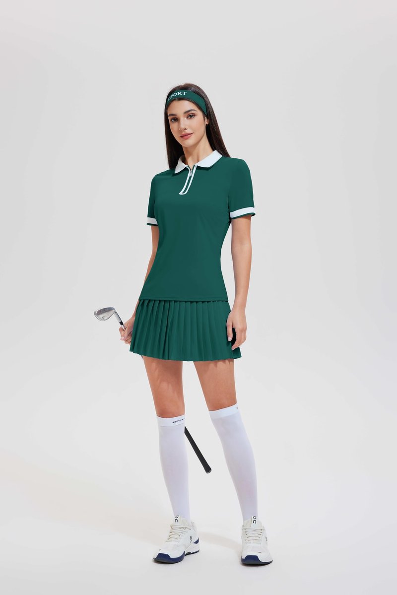 Tennis Skirt Sets for Women Zipper Color Block High Waisted Golf Polo Two Piece Skirt Set Women 2 Piece Outfits Green
