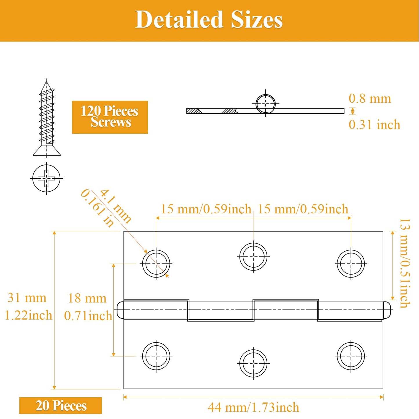 Sutemribor 20 Pieces Stainless Steel Folding Hinges, 1.73 Inch Cabinet Hinges, Small Door Hinges, Small Hinges with 120 Pieces Screws for Wooden Cabinets Box Small Crafts and Lightweight Projects