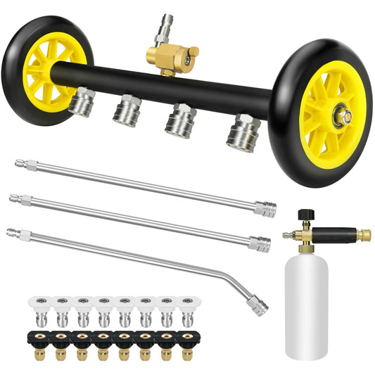 JANZ 16'' Pressure Washer Undercarriage Cleaner and Water Broom Attachment with Foam Cannon, 3 Pcs Extension Wands and 16 Nozzles - 4000PSI, 1/4'' Connector - for Electric and Gas Power Washers