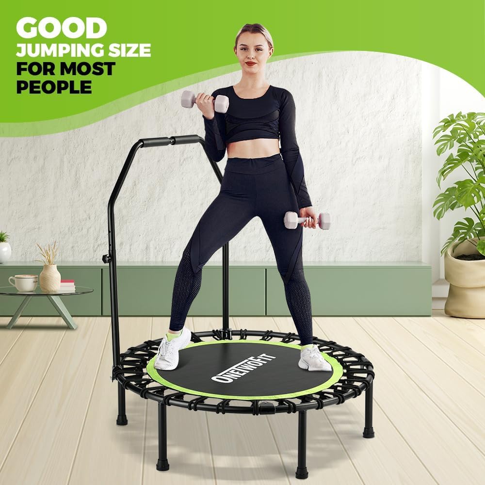 ONETWOFIT Foldable Rebounder Trampoline for Adults, 40/42/45” Mini Fitness Trampoline W/Adjustable Foam Handle Bungees, Quiet Exercise Trampoline for Personal Indoor Workout (40IN-with Handle)