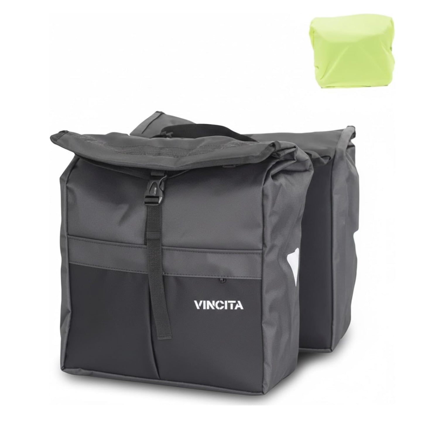 Vincita Double Bike Pannier Bag – 12L Top Load Rear Rack Saddlebags – Water-Resistant Commuter Carrier with Rain Cover, Rigid Back & Reflective Trim – Fits Road, Hybrid & E-Bikes (2 Tone Grey)