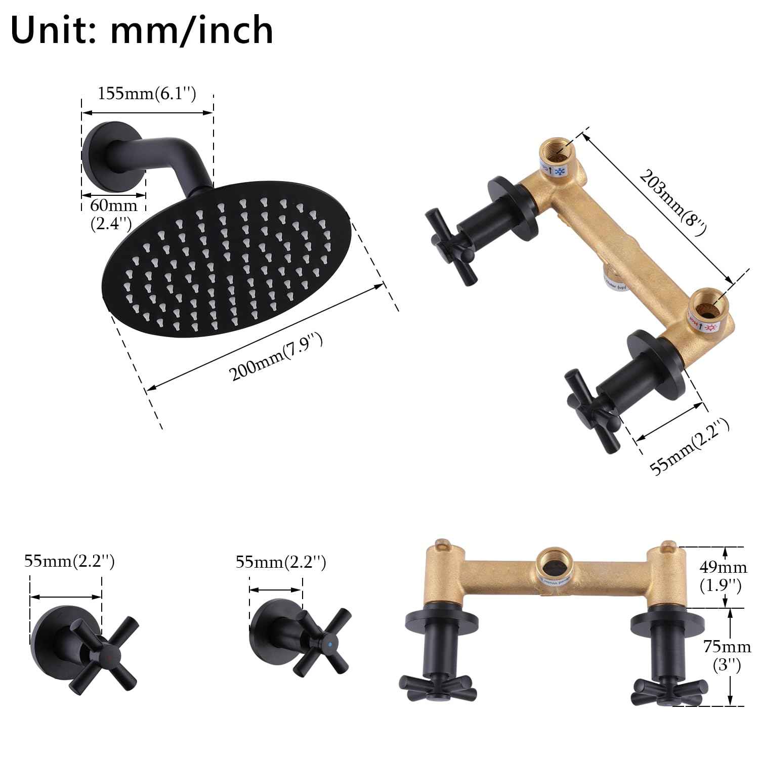 FSCEPIXI 2 Handles Shower Faucet Set,Two Handle Shower with 8'' Rainfall Shower Head Combo Set,Single Function Shower Trim Kit with Rough-in Valve,Wall Mount,Matte Black