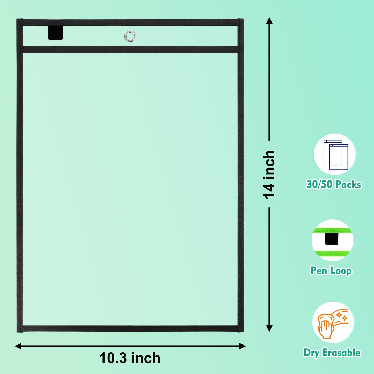 EEHZTSI 50 Packs Dry Erase Pocket Sleeves, Reusable Clear Plastic Classroom Sleeves, 10x14 Inch Ticket Holders, Plastic Sleeves for School/Office Organization Black