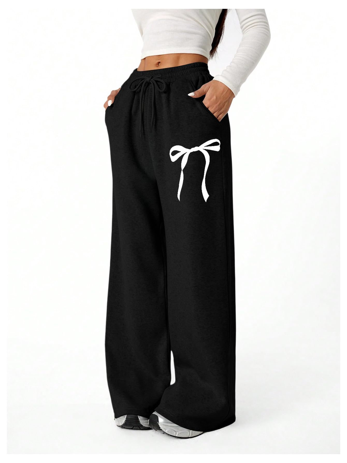 Verdusa Girl's Bowknot Baggy Sweatpants Lightweight Straight Leg Athletic Pants with Pockets Solid Black 12 Years