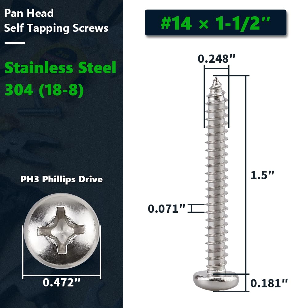 #14 x 1-1/2" (50 Pack) Stainless Steel Phillips Pan Head Wood Screws, Stainless Steel 304 (18-8), Pan Head Sheet Metal Screws Self Tapping for Wood