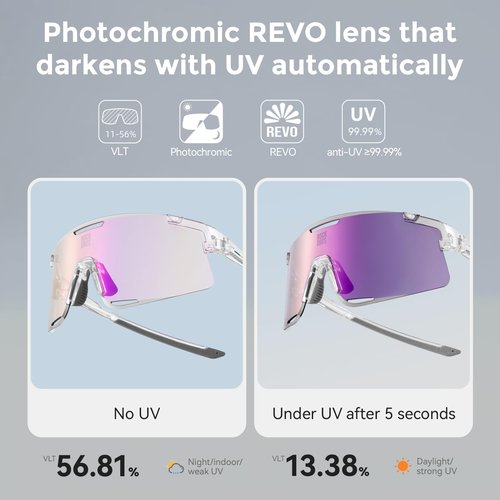 ROCKBROS Performance Cycling Glasses Polarized Sports Sunglasses with 3 Interchangeable REVO Lenses,Photochromic Sunglasses,Polarized and Yellow,TR90 Ultra-Light Frame,UV400 Protection,White and Pink