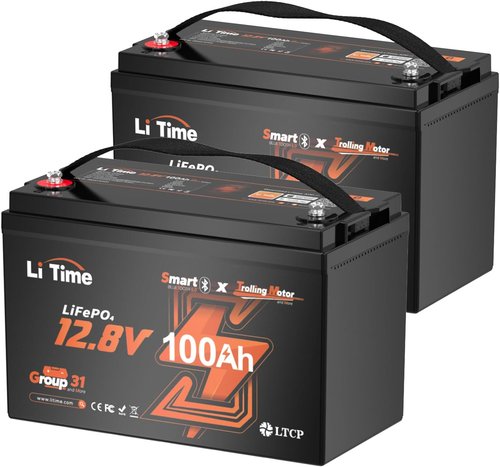 Litime 12V Lithium Battery - 100Ah LiFePO4 for Trolling Motors | Bluetooth, 15000 Deep Cycles, 100A BMS, Low-Temp Protection (2-Pack)