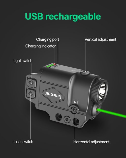 Gmconn Tactical Flashlight - 800 Lumen with Green Laser Sight & Rechargeable Strobe Function