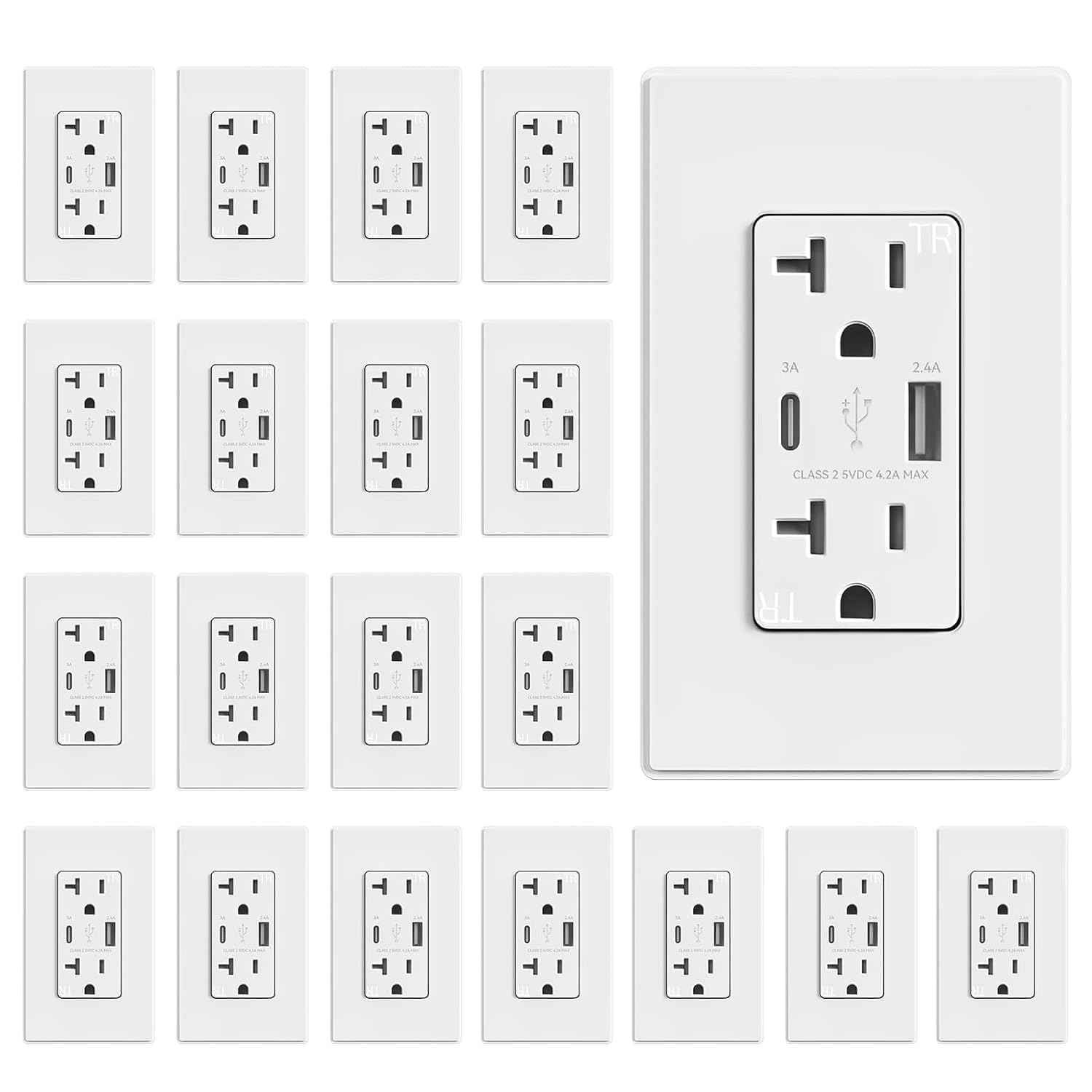 USB Wall Charger Outlet with A & C Ports - 15A Tamper Resistant, UL Listed, 6 Pack, Light Almond