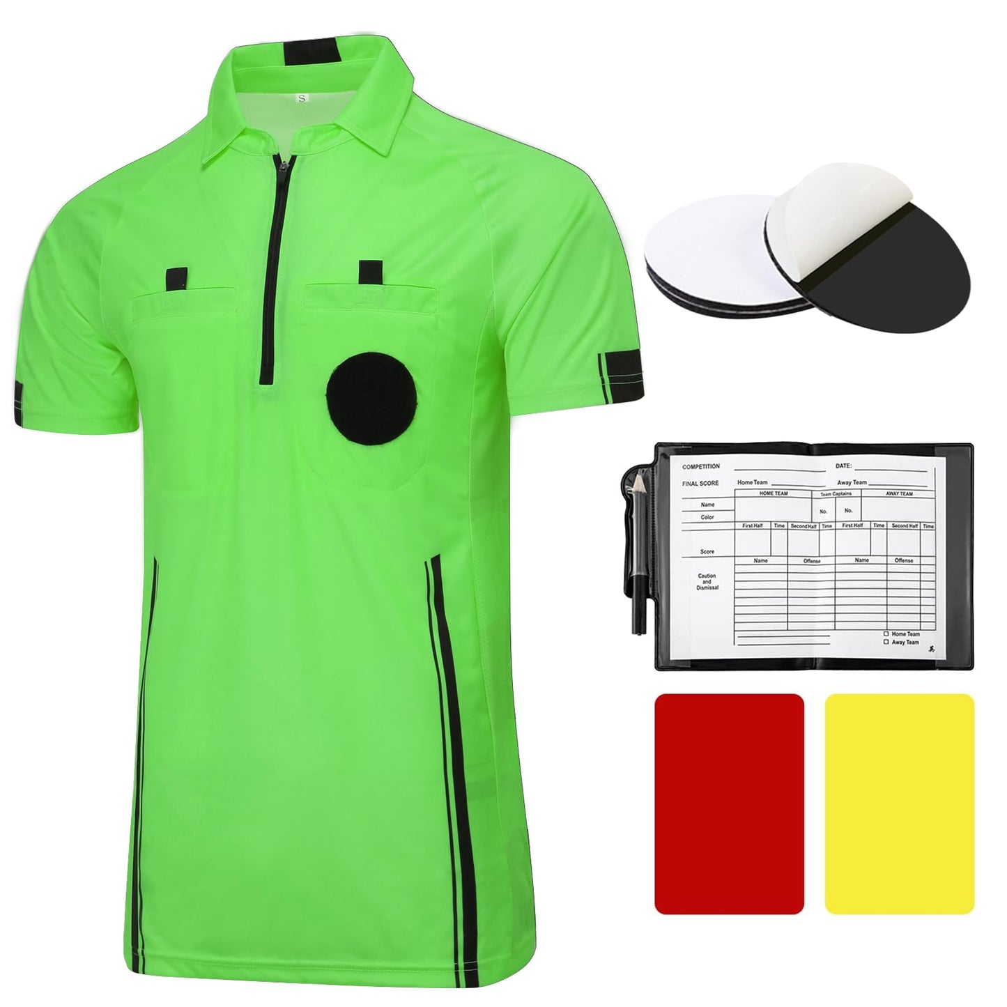 Pro Soccer Referee Shirt Jersey Kit Ref Costume for Men Womens Umpire Uniform Ref Wallet with Red Yellow Card Green