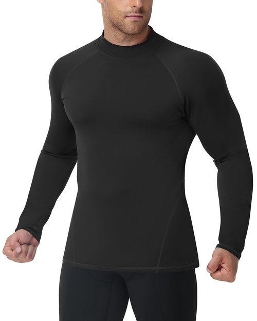 Runhit 2 Pack Men's Thermal Compression Shirts Mock Turtle Neck Long Sleeve Fleece Lined Undershirt Athletic Base Layer Winter Gear Black+Black M