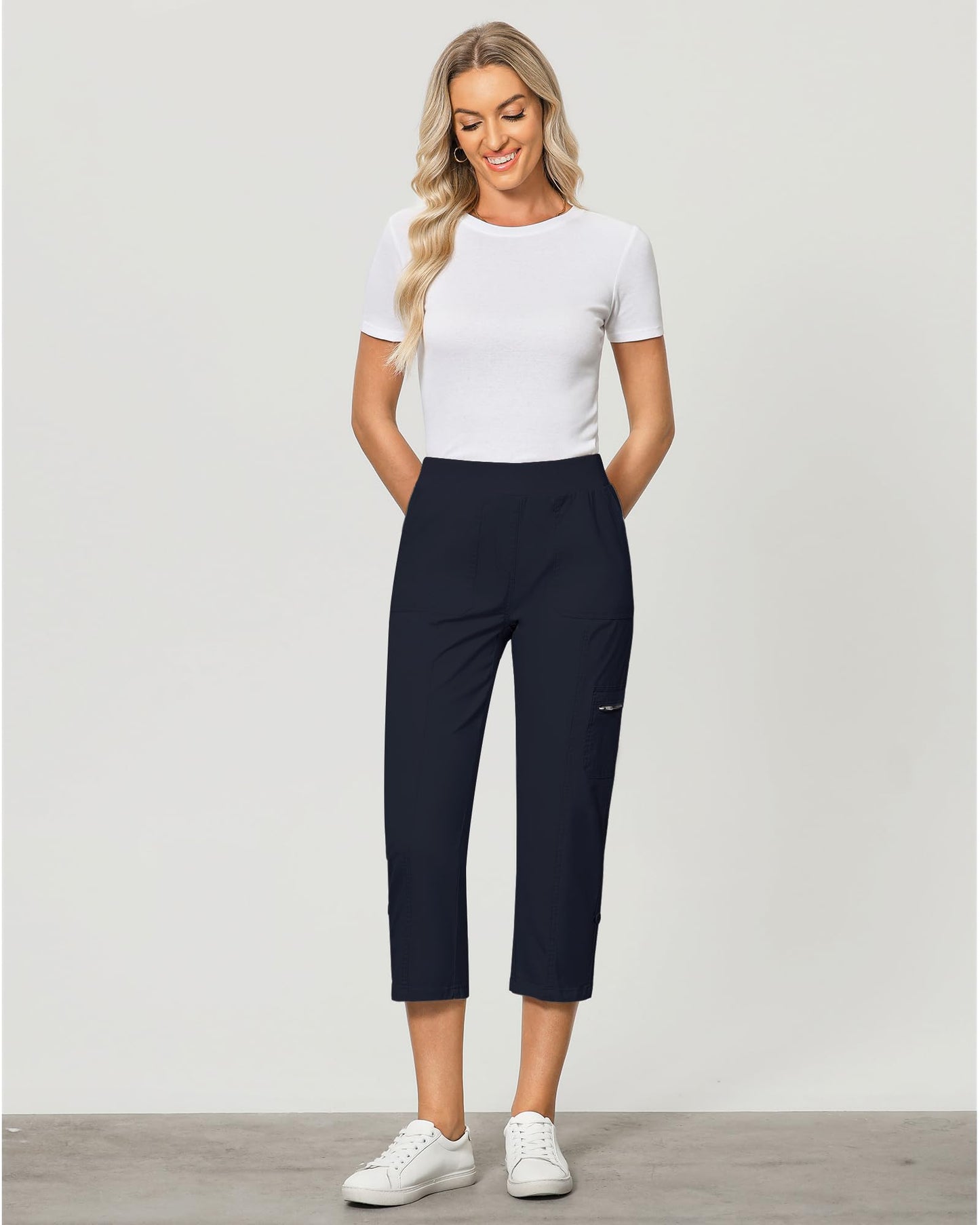 GRAPENT Travel Pants Women Ladies Pants Pull On Elastic Waist Ladies Capris Summer Casual Utility Cargos for Women Womens Comfy Cropped Trousers Zipped Pockets Color Navy Blue X-Large Size 16 to 18