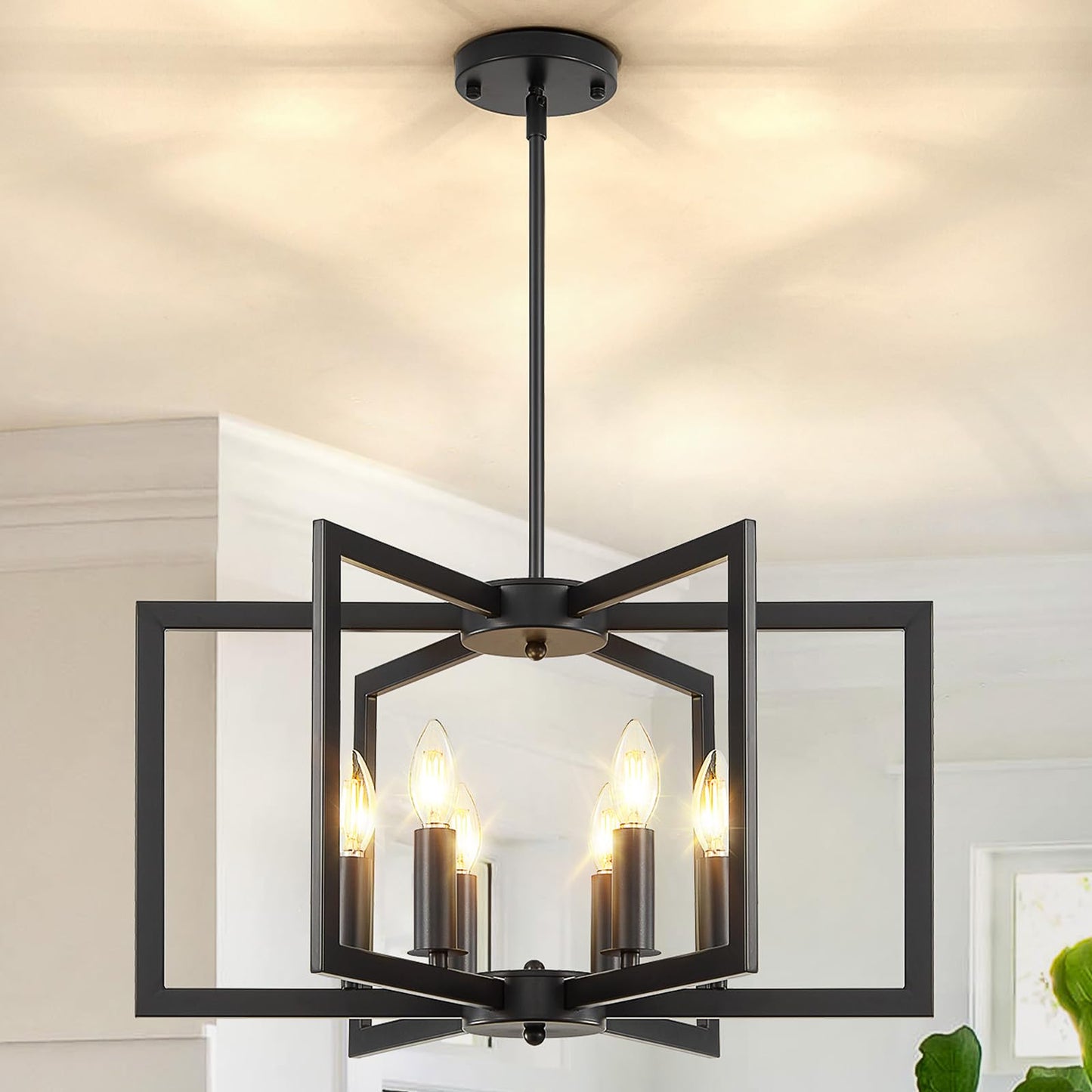 6-Light Black Chandelier, Dining Room Light Fixture, Farmhouse Chandelier, Geometric Metal Industrial Pendant Light Fixture Ceiling Hanging for Kitchen Stairway Foyer Entryway Hallway