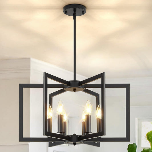 6-Light Black Chandelier, Dining Room Light Fixture, Farmhouse Chandelier, Geometric Metal Industrial Pendant Light Fixture Ceiling Hanging for Kitchen Stairway Foyer Entryway Hallway