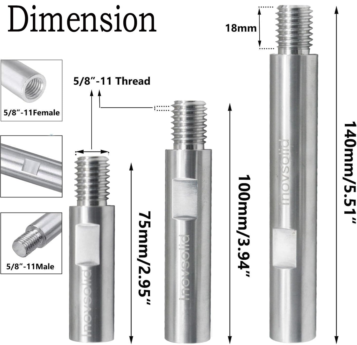 Inovsolid 3 Pcs 5/8'' -11 Thread Angle Grinder Shaft Extension Connecting Rods