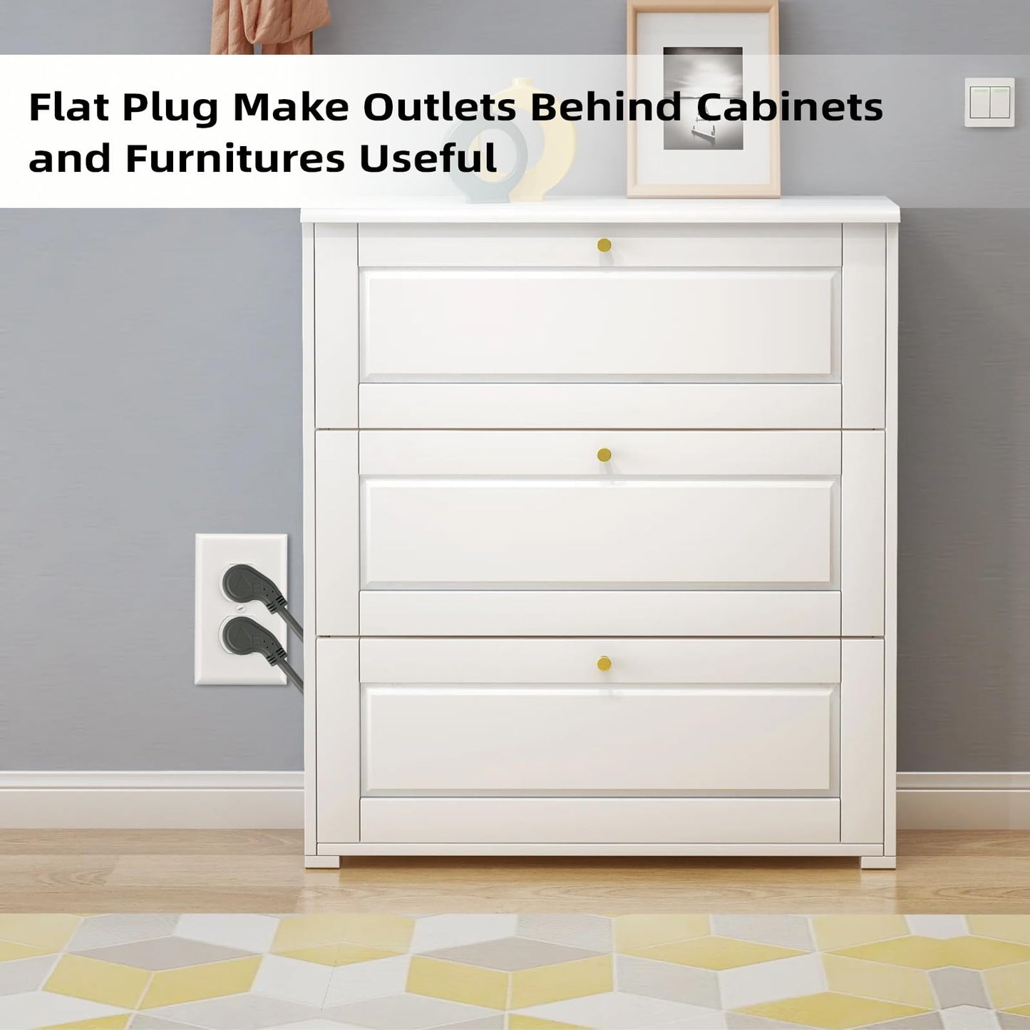 EP 2 Pack 3 Ft Flat Plug Extension Cord, 16 AWG 3 Prong Grounded Grey Low Profile Extension Cable for Indoor