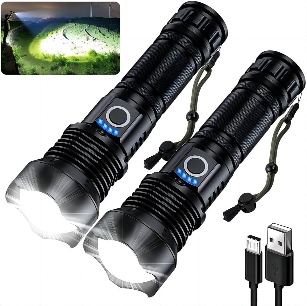 90000 Lumens Rechargeable Flashlights - 2 Pack, Super Bright LED with 5 Modes for Home & Outdoor Use